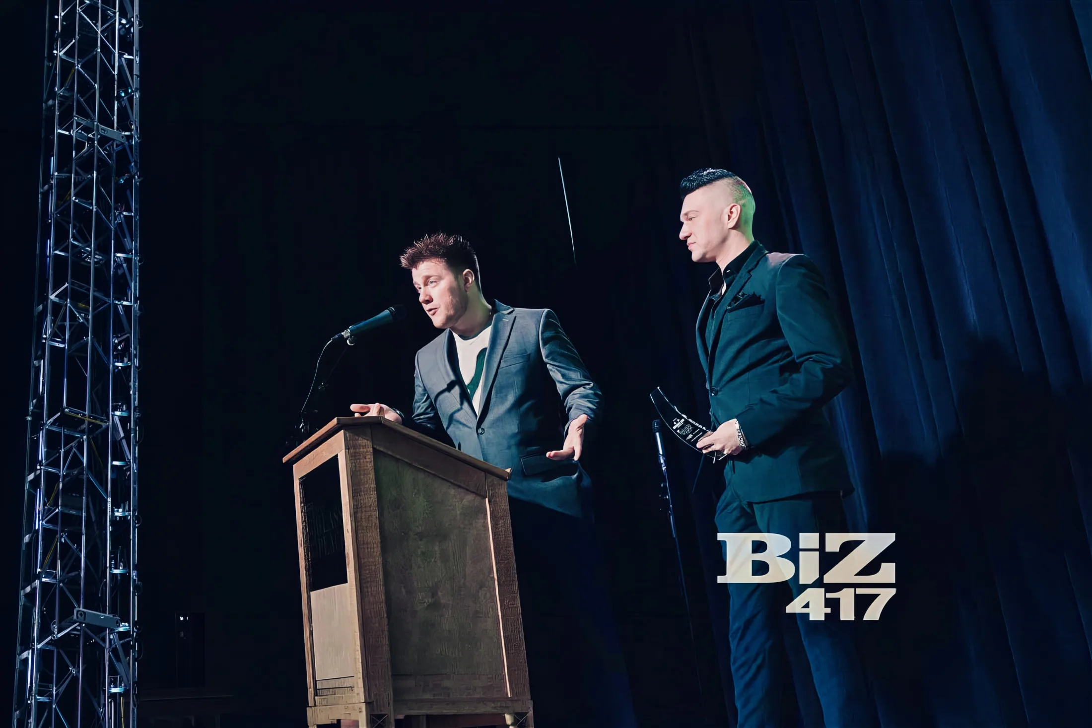 Jason Arend and Myke Bates accepting the Eagle Speak Enterprise Technology Award at the Excellence in Technology Awards